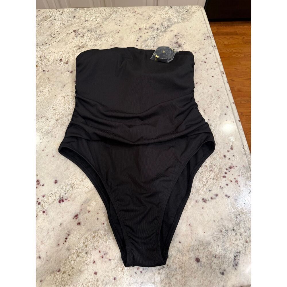 Shade & Shore Black Side Ruched High Back Ribbed Strapless Swimsuit Sz L NWT